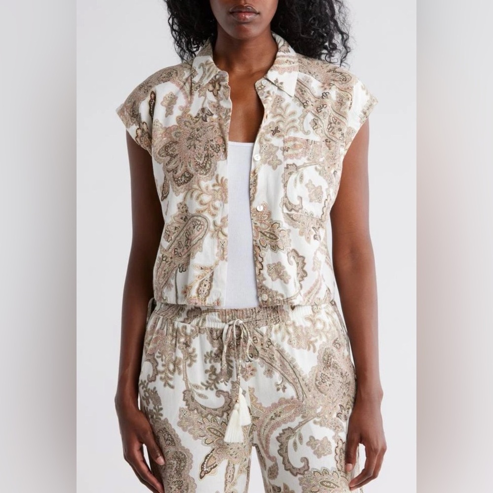 Ellen Tracy Drawstring Hem Camp Paisley ButtonUp Shirt Linen Viscose Blend Large